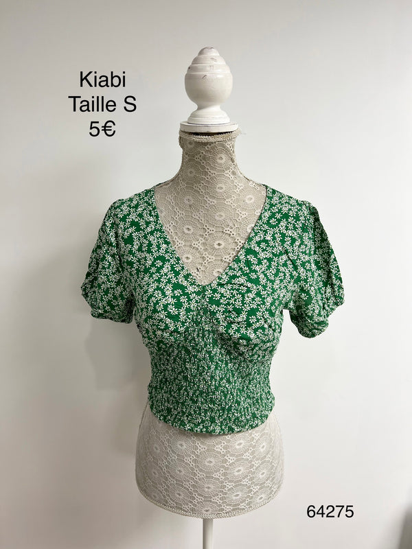 Blouse verte fleurie smockée
